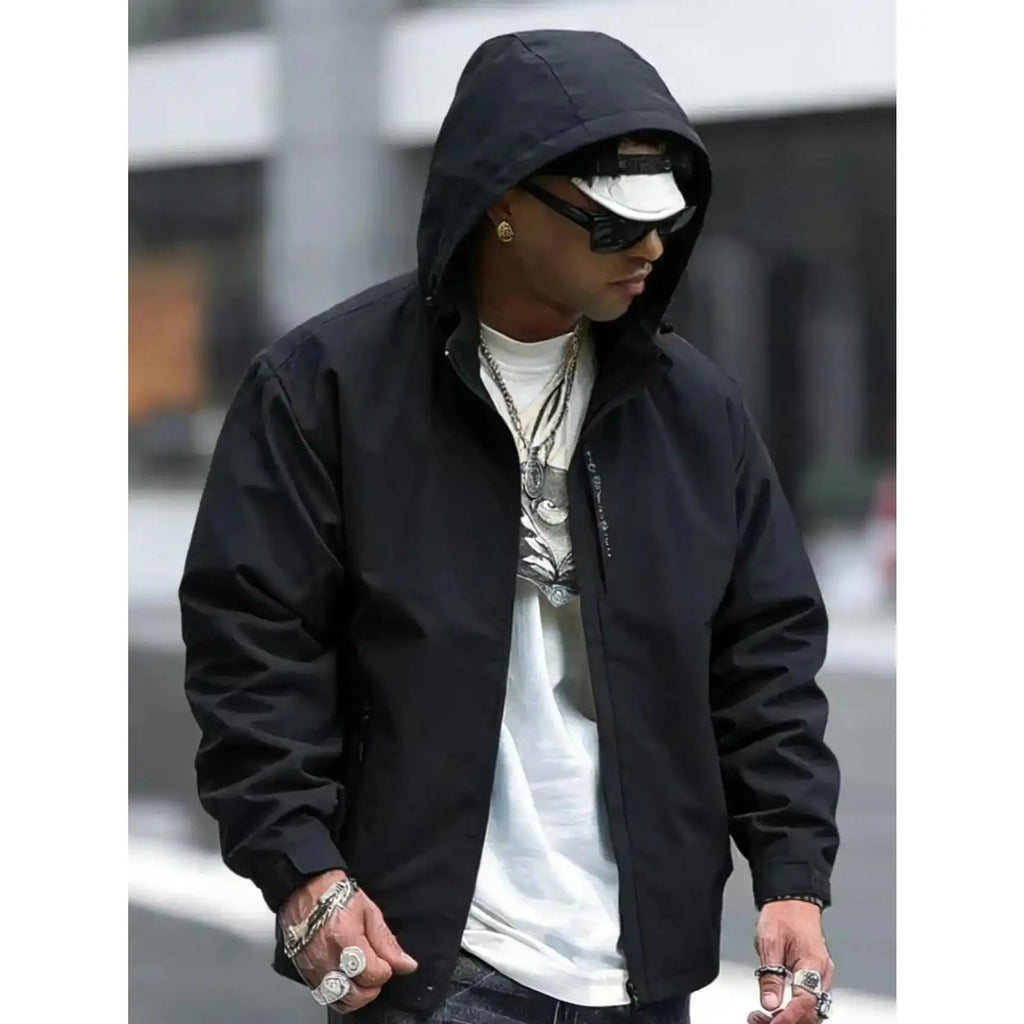 Men'S Fitted Woven Rain Jacket, Solid Waterproof Windbreaker with Full-Zip & Adjustable Hood, Lightweight Outerwear for Hiking, Hooded, Outdoor, Chain, Sports Outerwear, Plain, Casual, Tops, Long Sleeve, Mens Clothing, Jackets Zip Up