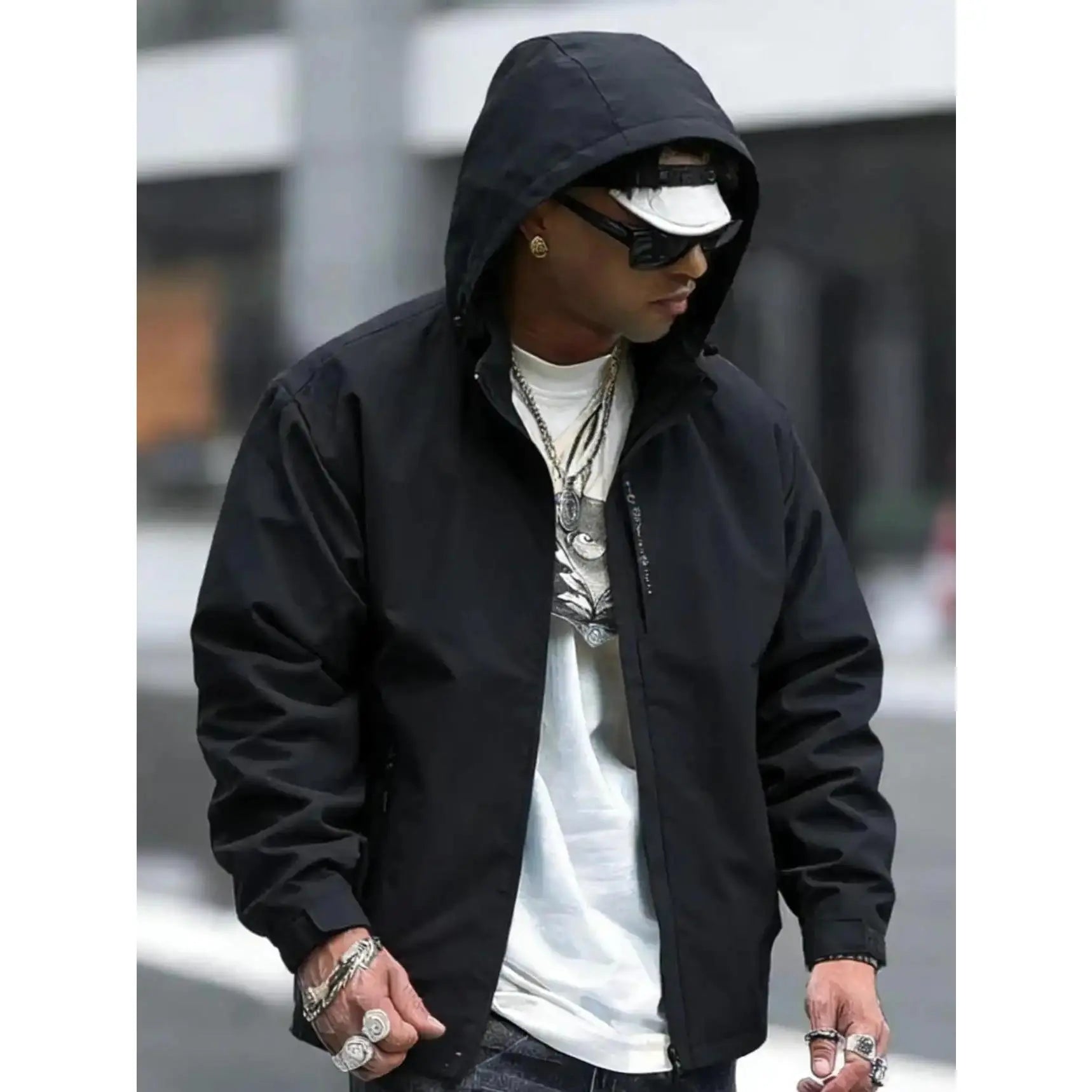Men'S Fitted Woven Rain Jacket, Solid Waterproof Windbreaker with Full-Zip & Adjustable Hood, Lightweight Outerwear for Hiking, Hooded, Outdoor, Chain, Sports Outerwear, Plain, Casual, Tops, Long Sleeve, Mens Clothing, Jackets Zip Up