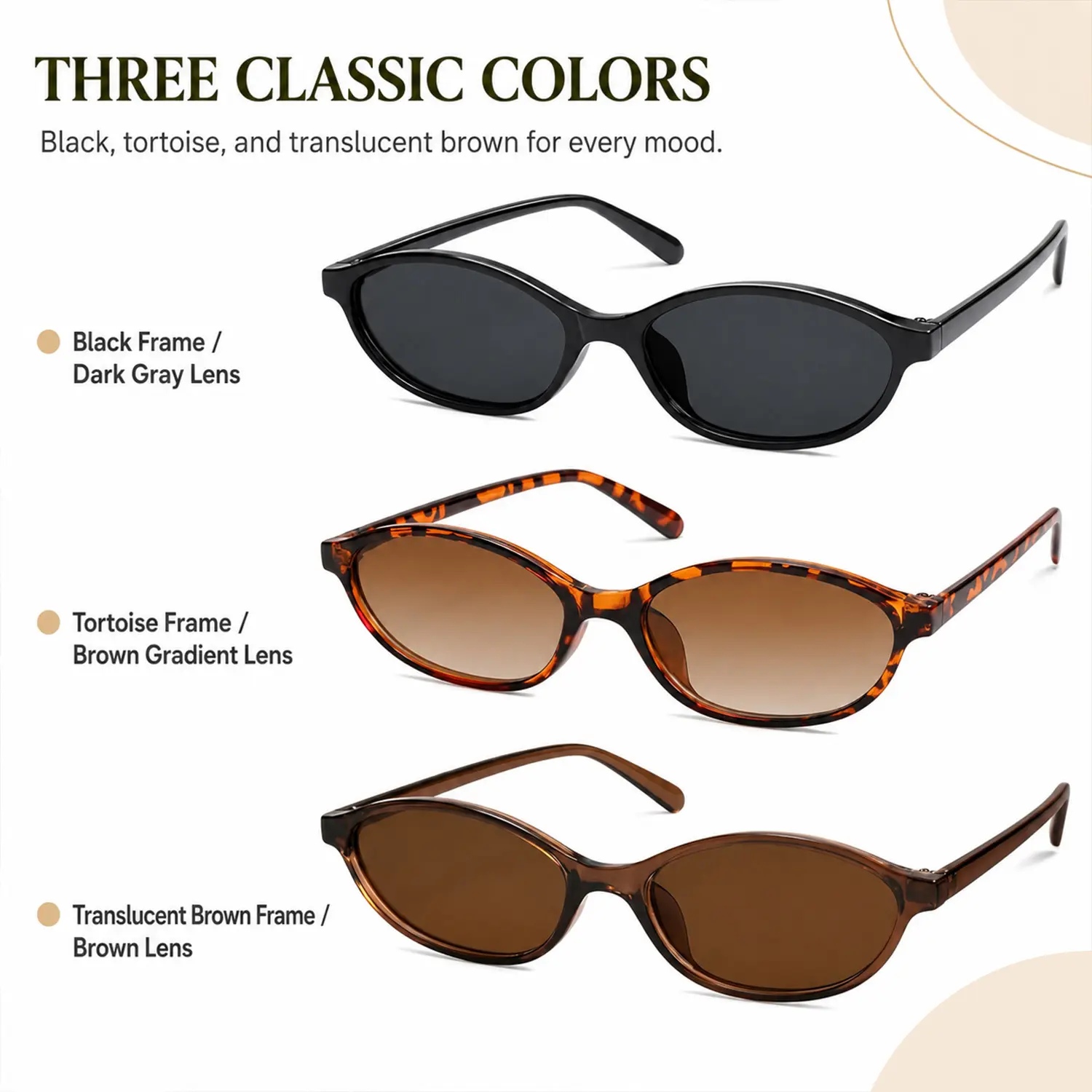 3-Piece Set of Retro Oval Cat Eye Sunglasses for Women, Y2K 90s Trendy Narrow Frame, Lightweight Vintage Fashion with UV Protection