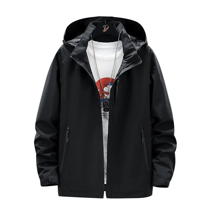 Men'S Fitted Woven Rain Jacket, Solid Waterproof Windbreaker with Full-Zip & Adjustable Hood, Lightweight Outerwear for Hiking, Hooded, Outdoor, Chain, Sports Outerwear, Plain, Casual, Tops, Long Sleeve, Mens Clothing, Jackets Zip Up
