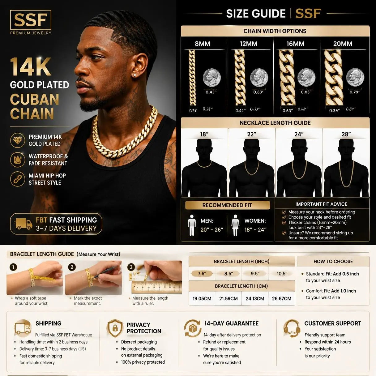 Men’S 14K Gold Cuban Link Chain Necklace – Miami Hip Hop Thick Gold Chain, Waterproof & Fade Resistant Statement Jewelry for Street Style